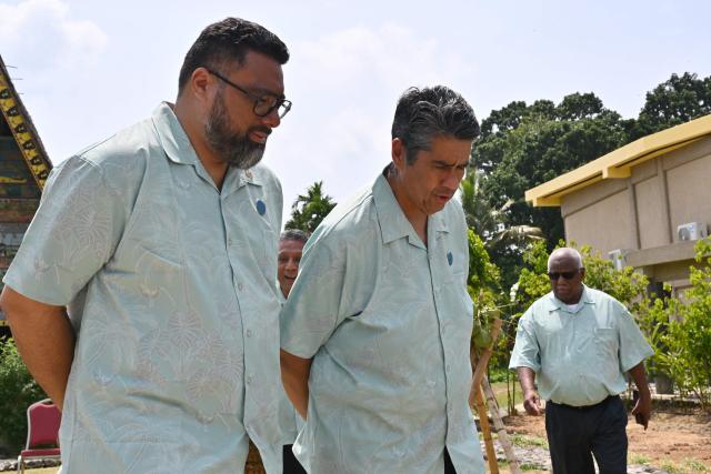 Palau President Surangel Samuel Whipps Jr. (c) and Tonga Prime Minister Fatafehi Fakafanua leave after a family photo during Pacific Islands Forum Leaders’ plenary meeting in Koror on September 2, 2026. (Photo by SAEED KHAN / AFP)