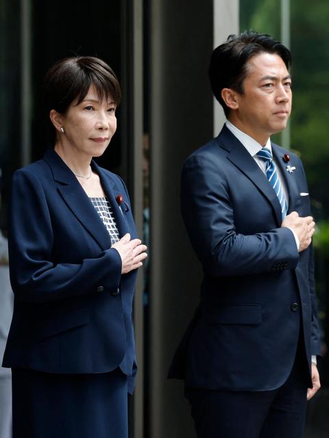 Japan's Prime Minister Sanae Takaichi and Defence Minister Shinjiro Koizumi attend an honour guard inspection ceremony at the Self-Defense Forces Senior Commanders' Conference in Tokyo on September 2, 2026. (Photo by Kim Kyung-Hoon / POOL / AFP)