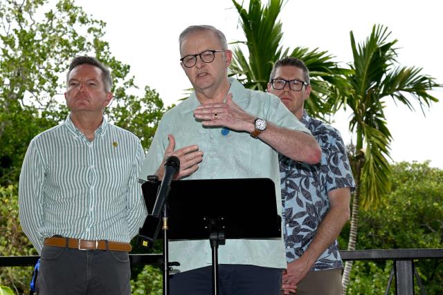 Australia's Prime Minister Anthony Albanese (C) stands with Australia's Minister for Climate Change and Energy Chris Bowen (L) and the Minister for Defence Industry Pat Conroy during a press conference at the 55th Pacific Islands Forum Leaders Meeting in the capital city of Koror in Palau on September 2, 2026. (Photo by SAEED KHAN / AFP)