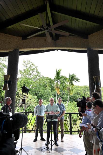 Australia's Prime Minister Anthony Albanese (C) stands with Australia's Minister for Climate Change and Energy Chris Bowen (L) and the Minister for Defence Industry Pat Conroy during a press conference at the 55th Pacific Islands Forum Leaders Meeting in the capital city of Koror in Palau on September 2, 2026. (Photo by SAEED KHAN / AFP)