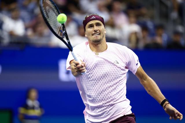 Germany's Alexander Zverev returns the ball to Italy's Lorenzo Sonego during the men's singles first round tennis match on day three of the US Open tennis tournament at the USTA Billie Jean King National Tennis Center in New York City on September 1, 2026. (Photo by CHARLY TRIBALLEAU / AFP)