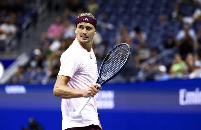 Germany's Alexander Zverev looks back during the men's singles first-round tennis match against Italy's Lorenzo Sonego on day three of the US Open tennis tournament at the USTA Billie Jean King National Tennis Center in New York City on September 1, 2026. (Photo by CHARLY TRIBALLEAU / AFP)