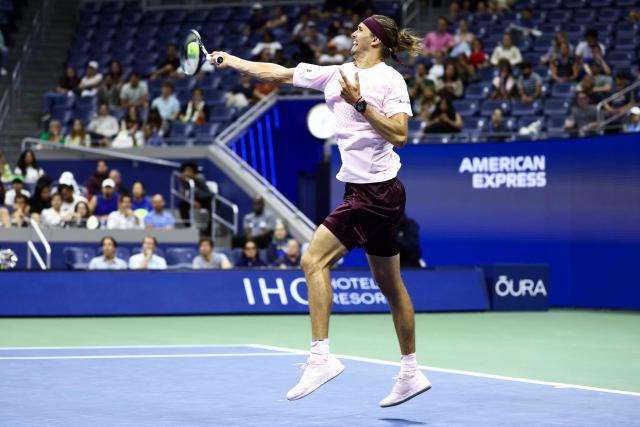 Germany's Alexander Zverev returns the ball to Italy's Lorenzo Sonego during the men's singles first round tennis match on day three of the US Open tennis tournament at the USTA Billie Jean King National Tennis Center in New York City on September 1, 2026. (Photo by CHARLY TRIBALLEAU / AFP)