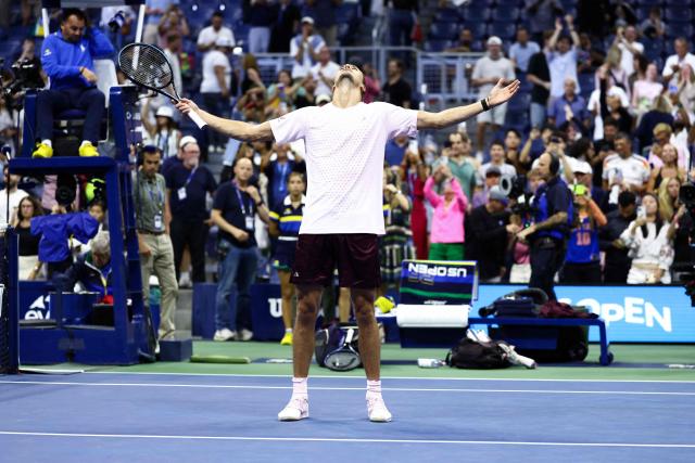 Germany's Alexander Zverev celebrates after defeating Italy's Lorenzo Sonego during the men's singles first-round tennis match on day three of the US Open tennis tournament at the USTA Billie Jean King National Tennis Center in New York City on the early hours of September 2, 2026. (Photo by CHARLY TRIBALLEAU / AFP)