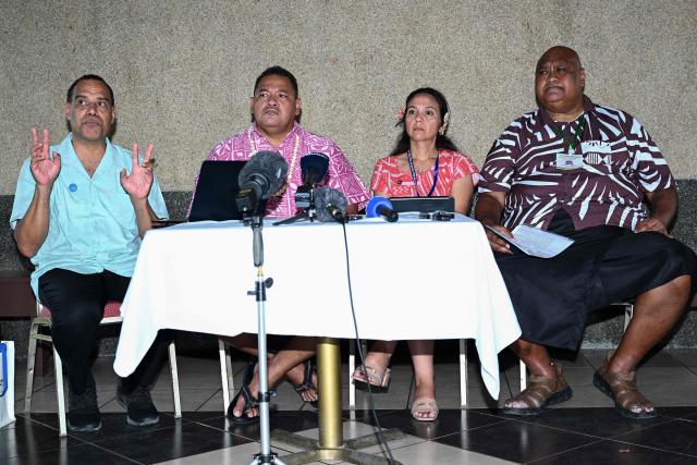 Vanuatu Minister for Climate Change Ralph Regenvanu (L), Tuvalu Minister for Home Affairs, Climate Change and Environment Maina Talia (2nd L), Marshall Islands Climate Envoy Tina Stege (2nd R), and Sefanaia Nawadra (R), Director General of the Secretariat of the Pacific Regional Environment Programme (SPREP), attend a press conference on climate change following the Pacific Islands Forum Leaders' plenary meeting in Koror on September 2, 2026. (Photo by SAEED KHAN / AFP)