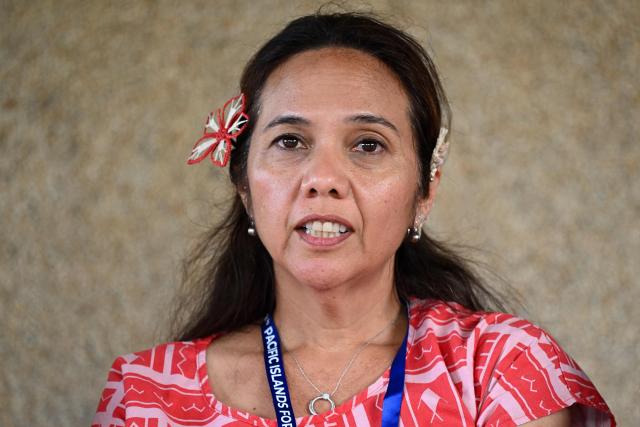 Marshall Islands Climate Envoy Tina Stege attends a press conference on climate change following the Pacific Islands Forum Leaders' plenary meeting in Koror on September 2, 2026. (Photo by SAEED KHAN / AFP)