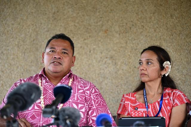 Tuvalu Minister for Home Affairs, Climate Change and Environment Maina Talia (L) and Marshall Islands Climate Envoy Tina Stege attend a press conference on climate change following the Pacific Islands Forum Leaders' plenary meeting in Koror on September 2, 2026. (Photo by SAEED KHAN / AFP)