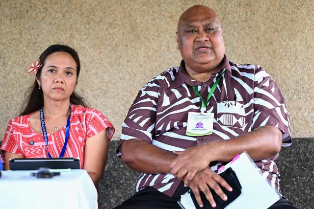 Marshall Islands Climate Envoy Tina Stege and Sefanaia Nawadra (R), Director General of the Secretariat of the Pacific Regional Environment Programme (SPREP), attend a press conference on climate change following the Pacific Islands Forum Leaders' plenary meeting in Koror on September 2, 2026. (Photo by SAEED KHAN / AFP)