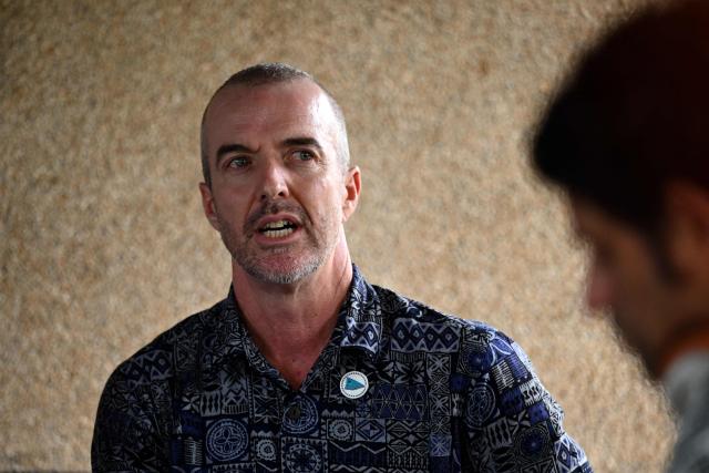 Andrew Jones, Deputy Director-General, Science and Capability at the Pacific Community (SPC), attends a press conference on climate change following the Pacific Islands Forum Leaders' plenary meeting in Koror on September 2, 2026. (Photo by SAEED KHAN / AFP)