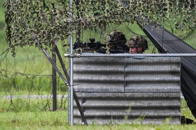 Members of the French Army New Caledonia Marine Infantry Regiment take up a position during an exercise covering drone and suppression operations, part of the “Brunet-Takamori 26 (BT26)” Japan-France joint military exercises, at the Ojoji-ga-hara training area near Osaki, Miyagi Prefecture on September 2, 2026. (Photo by ANDREW CABALLERO-REYNOLDS / AFP)