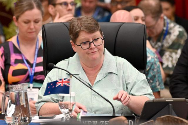 Bernadette Cavanagh, Deputy Secretary of the Pacific and Development Group in New Zealand's Ministry of Foreign Affairs and Trade, attends the Pacific Islands Forum leaders' plenary meeting in Koror on September 2, 2026. (Photo by SAEED KHAN / AFP)