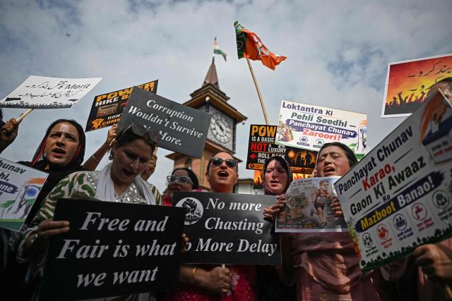 Bharatiya Janata Party (BJP) supporters shout slogans during a protest against the state government in Srinagar on September 2, 2026. (Photo by TAUSEEF MUSTAFA / AFP)