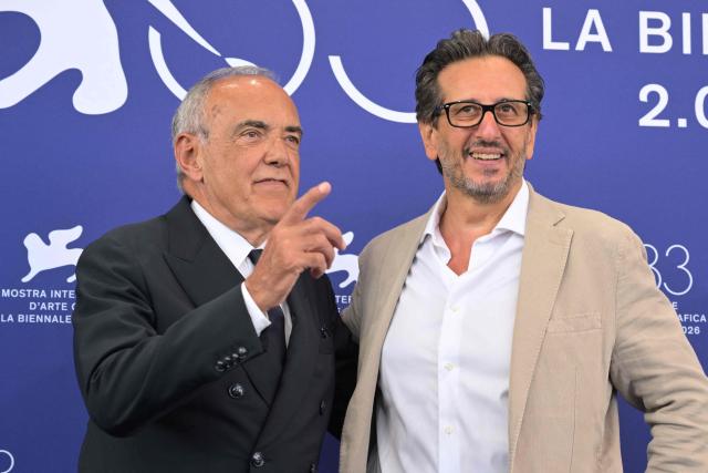 Italian director of the Venice International Film Festival Alberto Barbera and Italian film director and screenwriter Daniele Vicari, President of Venice Classics attend a photocall during the 83rd International Venice Film Festival, at Venice Lido on September 2, 2026. (Photo by Tiziana FABI / AFP)
