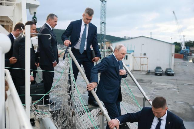 In this pool photograph distributed by the Russian state agency Sputnik, Russia's President Vladimir Putin visits the Kapitan Yunak fishing trawler at the Zvezda shipyard in the port of Bolshoy Kamen in the Vladivostok area in Russia's Far East on September 2, 2026. (Photo by Vladimir SMIRNOV / POOL / AFP)
