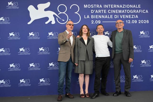 (From L) Australian actor Guy Pearce, British actress Claire Foy, US actor Jack O'Connell and director Danny Boyle attend the photocall of the movie "Ink" presented at the 83rd International Venice Film Festival, at Venice Lido on September 2, 2026. (Photo by Tiziana FABI / AFP)