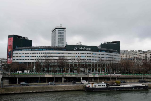 (FILES) A photo shows the logo of French public radio broadcasting group on it's headquarters, the Maison de la Radio, in Paris on February 3, 2023. Radio France staff, gathered on September 2, 2026, in a general assembly, called on management to withdraw the weekly commentary slot on France Inter assigned to an executive from the far right magazine Valeurs Actuelles, and voted to agree on a strike, participants reported. (Photo by Ludovic MARIN / AFP)