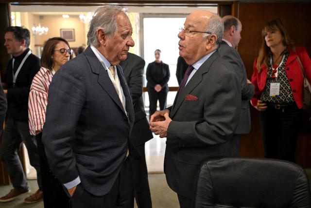 Outgoing ALADI president Uruguayan Sergio Abreu (L) and Brazil's Foreign Minister Mauro Vieira (R) talk during the 20th Meeting of the Council of Foreign Ministers at the Latin American Integration Association (ALADI) headquarters in Montevideo on September 2, 2026. (Photo by Eitan ABRAMOVICH / AFP)