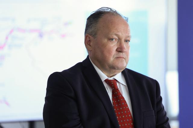 Vice-president of the Banque europeenne d’investissement (European investment bank) Ambroise Fayolle looks on during a press conference at the building site of the Grand Paris Express La Folie station in Nanterre on September 2, 2026. (Photo by Thomas SAMSON / AFP)