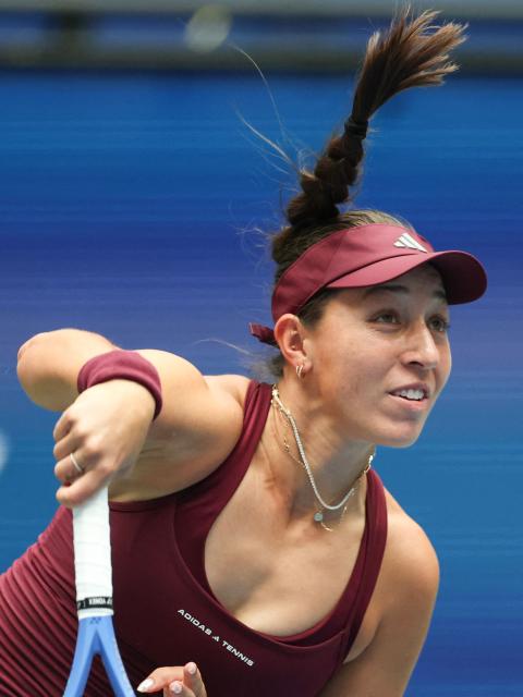 USA's Jessica Pegula follow through on a serve to USA's Sofia Kenin during their women's singles second round tennis match on day four of the US Open tennis tournament at the USTA Billie Jean King National Tennis Center in New York City on September 2, 2026. (Photo by TIMOTHY A. CLARY / AFP)