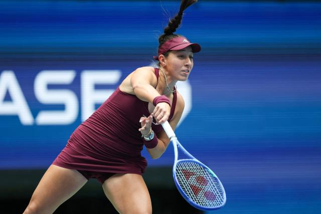 USA's Jessica Pegula follow through on a serve to USA's Sofia Kenin during their women's singles second round tennis match on day four of the US Open tennis tournament at the USTA Billie Jean King National Tennis Center in New York City on September 2, 2026. (Photo by TIMOTHY A. CLARY / AFP)