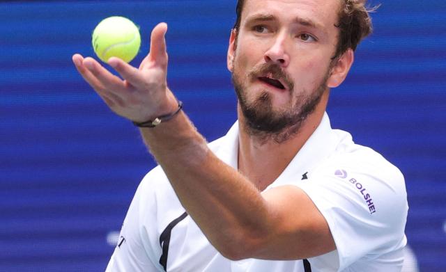 Russia's Daniil Medvedev serves to USA's Sebastian Gorzny during their men's singles second round tennis match on day four of the US Open tennis tournament at the USTA Billie Jean King National Tennis Center in New York on September 2, 2026. (Photo by KENA BETANCUR / AFP)