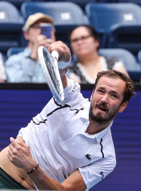 Russia's Daniil Medvedev serves to USA's Sebastian Gorzny during their men's singles second round tennis match on day four of the US Open tennis tournament at the USTA Billie Jean King National Tennis Center in New York on September 2, 2026. (Photo by KENA BETANCUR / AFP)