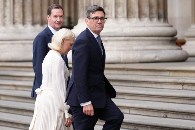 Britain's Prime Minister Andy Burnham (R), accompanied by British Museum chairman George Osborne (L) arrives at British Museum in London on September 2, 2026, to attend a preview event for the Bayeux Tapestry Exhibition. (Photo by CARLOS JASSO / AFP)