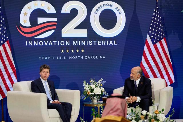 (L/R) Open AI CEO Sam Altman and US Secretary of Commerce Howard Lutnick speak during the G20 Innovation Ministerial in Chapel Hill, North Carolina, on September 2, 2026. (Photo by Matt RAMEY / AFP)