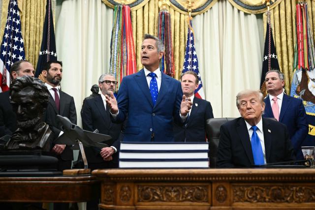 US Secretary of Transportation Sean Duffy speaks alongside President Donald Trump during a meeting with travel industry executives in the Oval Office of the White House in Washington, DC, on September 2, 2026. (Photo by Brendan SMIALOWSKI / AFP)