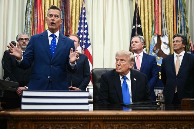 US Secretary of Transportation Sean Duffy speaks alongside President Donald Trump during a meeting with travel industry executives in the Oval Office of the White House in Washington, DC, on September 2, 2026. (Photo by Brendan SMIALOWSKI / AFP)