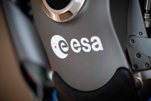 This photograph shows the logo of the European Space Agency (ESA) on a robot, at the headquarters in Paris on September 2, 2026. (Photo by LOU BENOIST / AFP)
