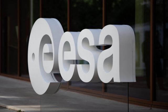 This photograph shows the logo of the European Space Agency (ESA) at the headquarters in Paris on September 2, 2026. (Photo by LOU BENOIST / AFP)