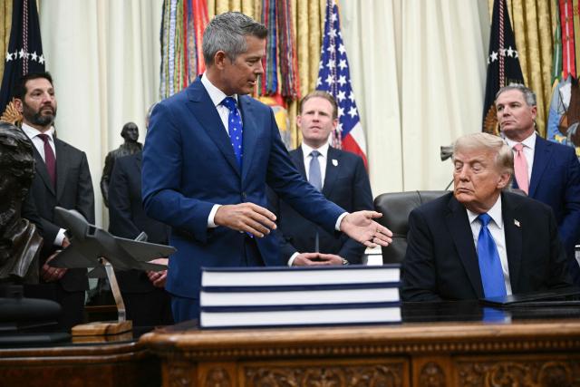 US Secretary of Transportation Sean Duffy speaks alongside President Donald Trump during a meeting with travel industry executives in the Oval Office of the White House in Washington, DC, on September 2, 2026. (Photo by Brendan SMIALOWSKI / AFP)