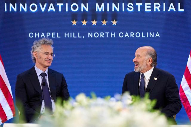(L/R) Palantir CEO Alex Karp and US Secretary of Commerce Howard Lutnick speak during the G20 Innovation Ministerial in Chapel Hill, North Carolina, on September 2, 2026. (Photo by Matt RAMEY / AFP)