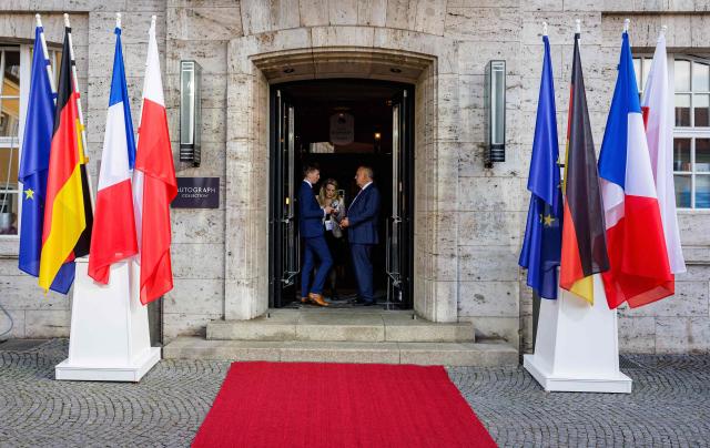 The (L-R) EU, German, French and Polish flags are on display in Weimar on September 2, 2026, ahead of talks within the Weimar Triangle format. The Weimar Triangle foreign ministers' meeting marks the forum's 35th anniversary this year. (Photo by Jens SCHLUETER / AFP)