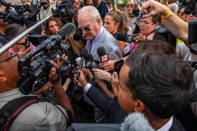 Media swarm Lindsay Clancy’s defense attorney Kevin Reddington as he leaves the courthouse during Clancy's trial at Plymouth Superior Court in Plymouth, Massachusetts, on September 2, 2026. Lindsay Clancy is on trial for the January 2023 strangulation deaths of her three young children. (Photo by JOSEPH PREZIOSO / AFP)