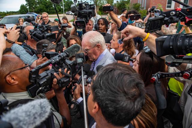 Media swarm Lindsay Clancy’s defense attorney Kevin Reddington as he leaves the courthouse during Clancy's trial at Plymouth Superior Court in Plymouth, Massachusetts, on September 2, 2026. Lindsay Clancy is on trial for the January 2023 strangulation deaths of her three young children. (Photo by JOSEPH PREZIOSO / AFP)