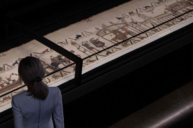 French President's wife Brigitte Macron views sections of the Bayeux Tapestry during a preview event for the Bayeux Tapestry Exhibition, at the British Museum in London on September 2, 2026. (Photo by Jeanne Accorsini / POOL / AFP)