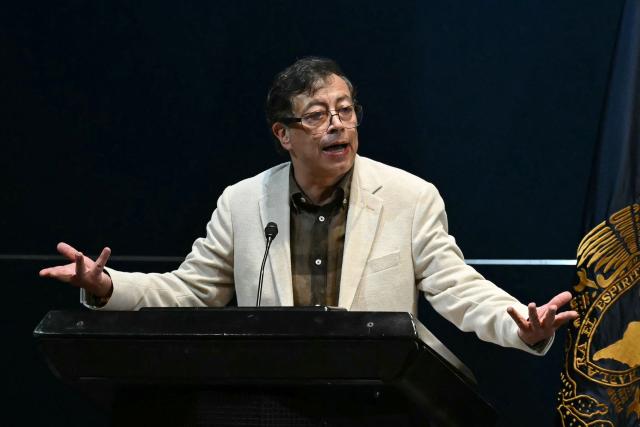 Former Colombian president Gustavo Petro gestures as he speaks during his conference, "Capital in the 21st Century: The Political Economy of the Climate Crisis," at the National Autonomous University of Mexico (UNAM) in Mexico City on September 2, 2026. (Photo by YURI CORTEZ / AFP)