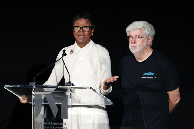 Co-founders of the Lucas Museum of Narrative Art, Mellody Hobson (L) and George Lucas speak onstage during the Lucas Museum of Narrative Art press preview in Los Angeles on September 2, 2026. The Lucas Museum of Narrative Art opens to the public on September 22, 2026. (Photo by VALERIE MACON / AFP)