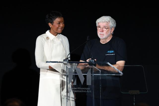 Co-founders of the Lucas Museum of Narrative Art, Mellody Hobson (L) and George Lucas speak onstage during the Lucas Museum of Narrative Art press preview in Los Angeles on September 2, 2026. The Lucas Museum of Narrative Art opens to the public on September 22, 2026. (Photo by VALERIE MACON / AFP)