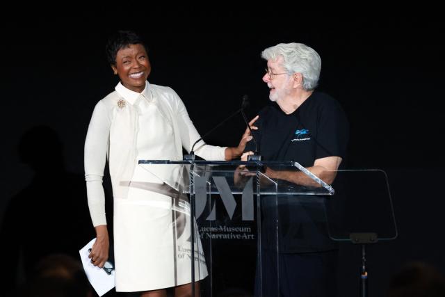 Co-founders of the Lucas Museum of Narrative Art, Mellody Hobson (L) and George Lucas speak onstage during the Lucas Museum of Narrative Art press preview in Los Angeles on September 2, 2026. The Lucas Museum of Narrative Art opens to the public on September 22, 2026. (Photo by VALERIE MACON / AFP)