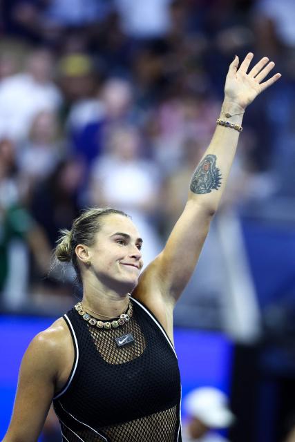 Belarus's Aryna Sabalenka celebrates after defeating Russia's Polina Iatcenko during the women's singles second round tennis match on day four of the US Open tennis tournament at the USTA Billie Jean King National Tennis Center in New York City on September 2, 2026. (Photo by CHARLY TRIBALLEAU / AFP)