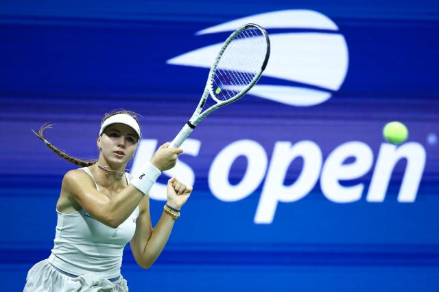 Russia's Polina Iatcenko hits a return against Belarus's Aryna Sabalenka during the women's singles second round tennis match on day four of the US Open tennis tournament at the USTA Billie Jean King National Tennis Center in New York City on September 2, 2026. (Photo by CHARLY TRIBALLEAU / AFP)