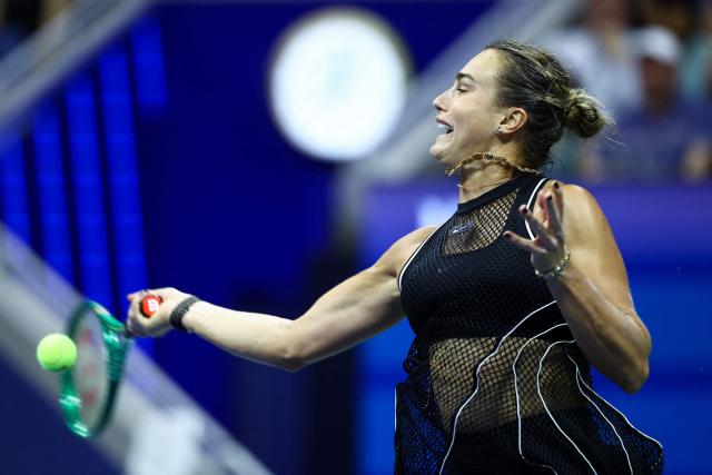 Belarus's Aryna Sabalenka returns a forehand against Russia's Polina Iatcenko during the women's singles second round tennis match on day four of the US Open tennis tournament at the USTA Billie Jean King National Tennis Center in New York City on September 2, 2026. (Photo by CHARLY TRIBALLEAU / AFP)