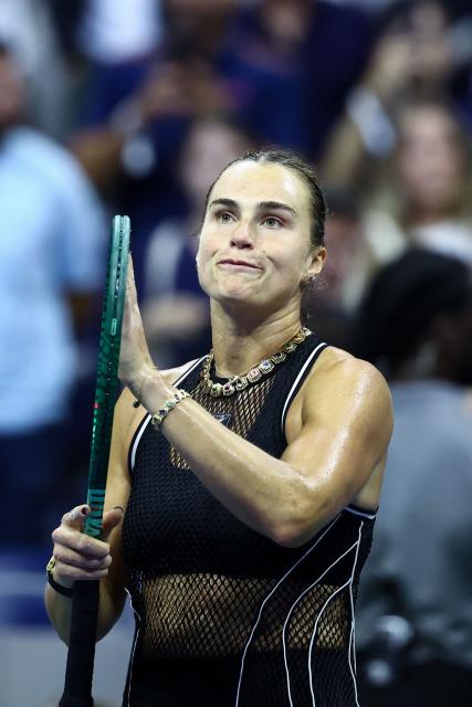 Belarus's Aryna Sabalenka reacts during her match against Russia's Polina Iatcenko during the women's singles second round tennis match on day four of the US Open tennis tournament at the USTA Billie Jean King National Tennis Center in New York City on September 2, 2026. (Photo by CHARLY TRIBALLEAU / AFP)