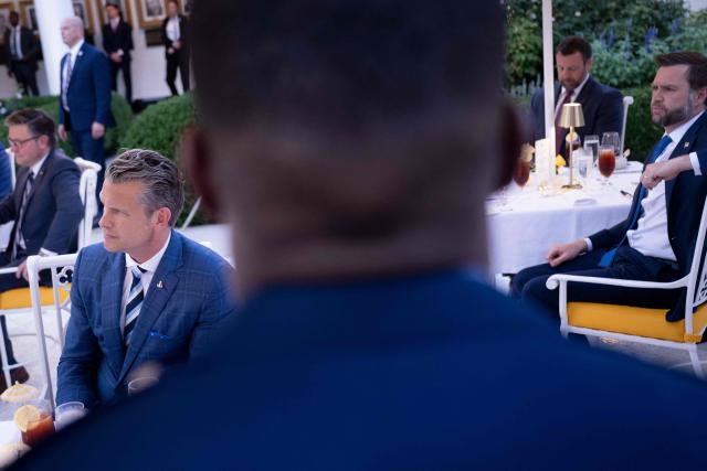 US Secretary of Defense Pete Hegseth, US Vice President JD Vance and others listen as US President Donald Trump speaks during an end of summer barbecue event with Republicans in the Rose Garden of the White House on September 2, 2026. (Photo by Brendan Smialowski / AFP)