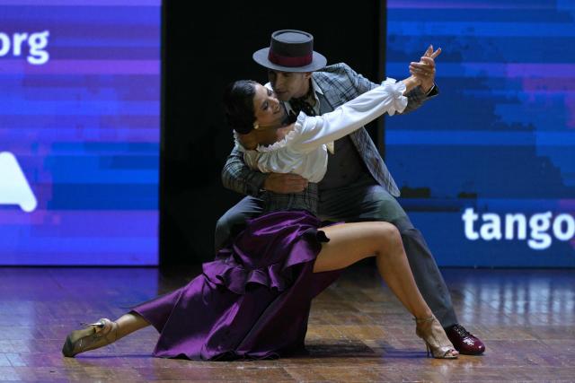 Diego Ortega and Aldana Silveyra perform for the fifth place during the final of Stage Tango World Championship in Buenos Aires on September 2, 2026. (Photo by Juan MABROMATA / AFP)