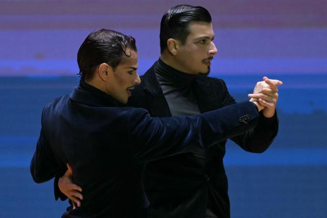 Carlos Cisneros and Juan Segui perform during the final of Stage Tango World Championship in Buenos Aires on September 2, 2026. (Photo by Juan MABROMATA / AFP)