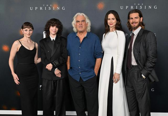 Thomasin McKenzie, Woody Norman, Paul Greengrass, Katherine Waterston and Andrew Garfield attend "The Uprising" premiere at the Directors Guild of America Theater in Los Angeles on September 2, 2026. (Photo by LISA O'CONNOR / AFP)